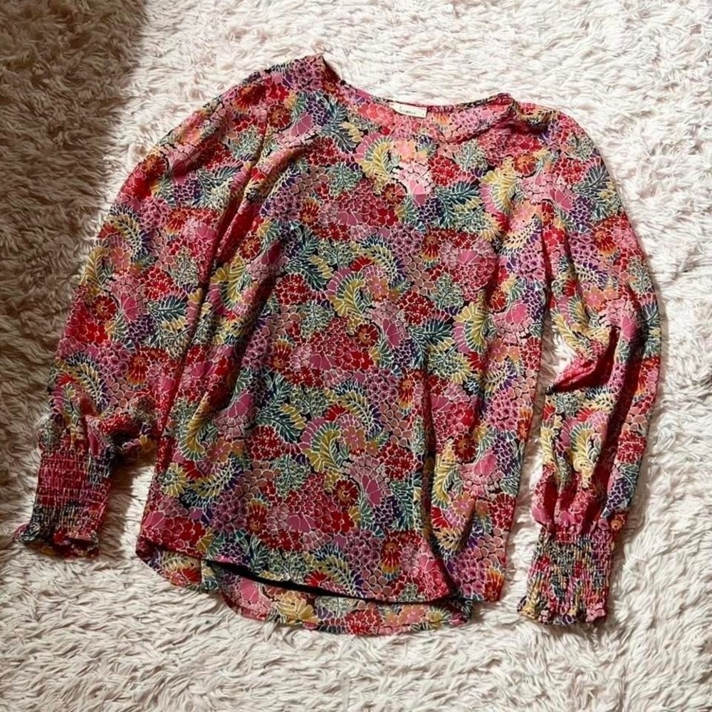 Rainbow Colorful Whimsical Sheer Flowy Floral Bell Sleeve Blouse Womens M Spring